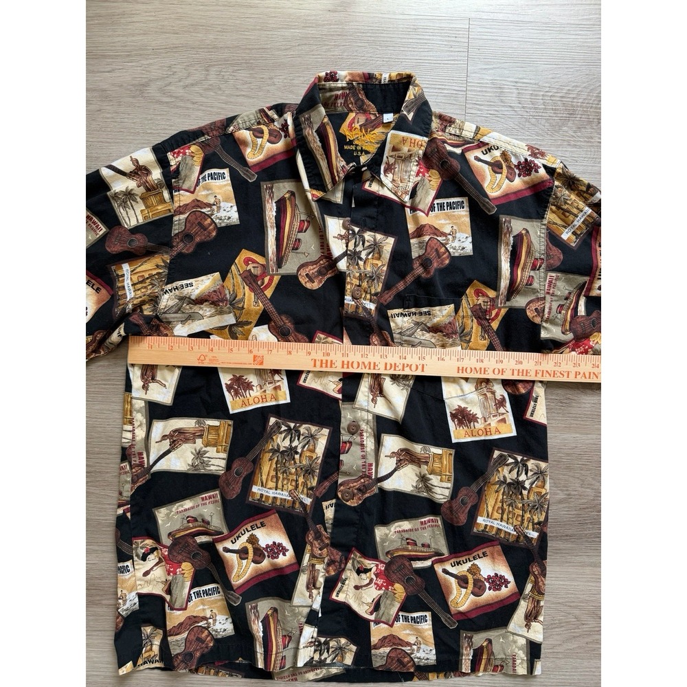 Kane Malia Ukulele Hawaiian Camp Shirt Mens Large Black Print Made in Hawaii L - Picture 6 of 7